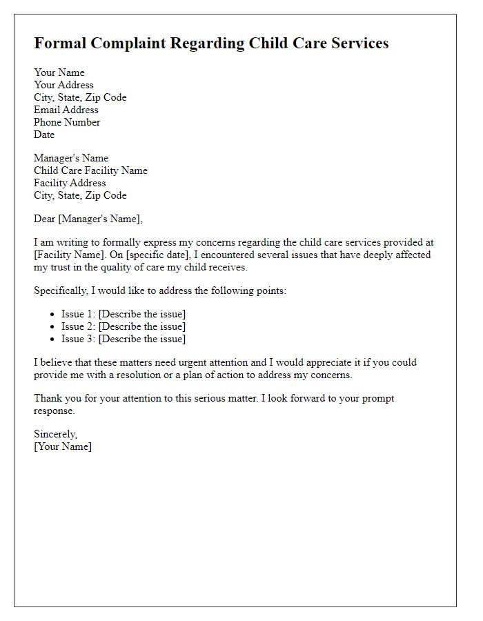 Letter template of formal complaint regarding child care services