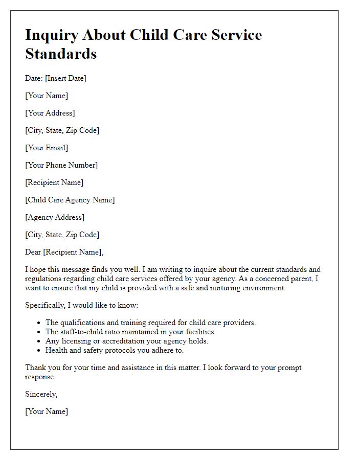 Letter template of inquiry about child care service standards