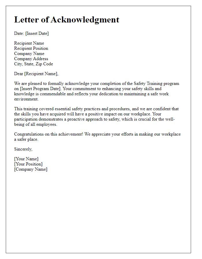 Letter template of acknowledgment for safety training achievement.