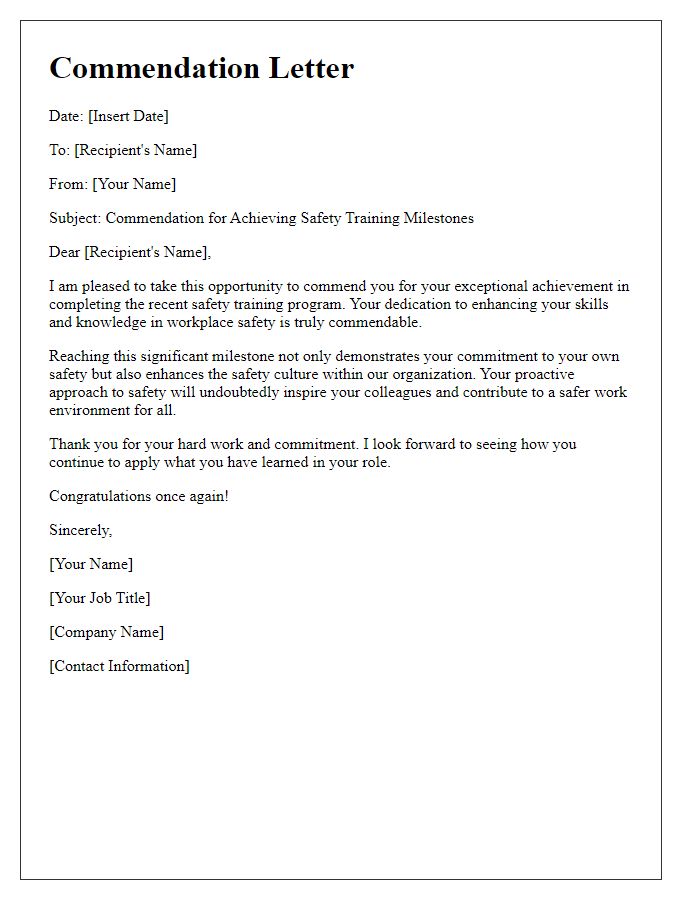 Letter template of commendation for achieving safety training milestones.