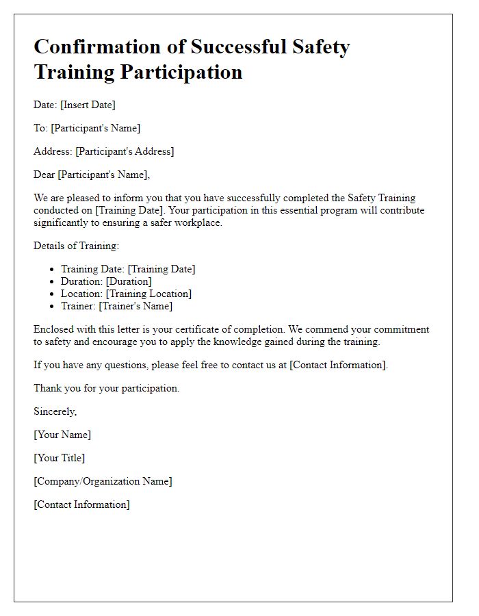 Letter template of confirmation for successful safety training participation.