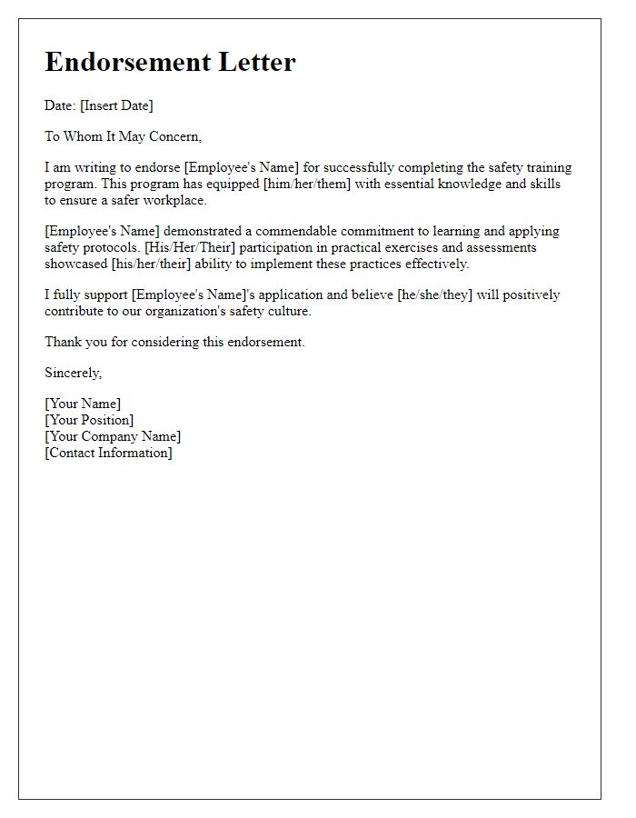 Letter template of endorsement for safety training success.