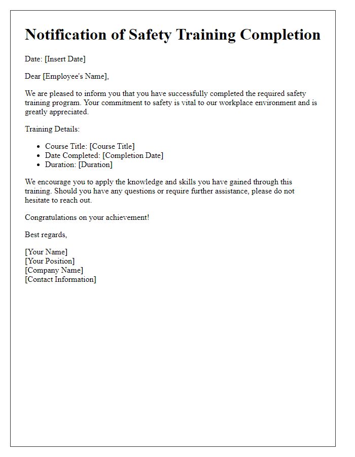 Letter template of notification for safety training completion.