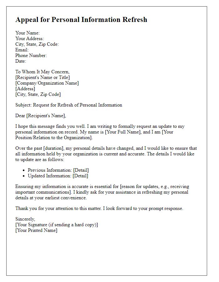 Letter template of appeal for personal information refresh