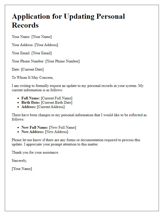 Letter template of application for updating personal records