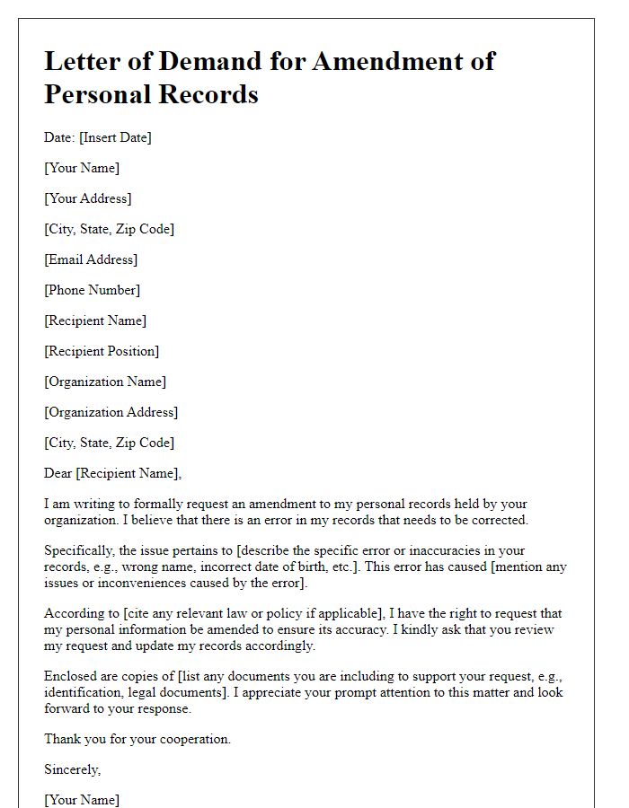 Letter template of demand for amendment of personal records