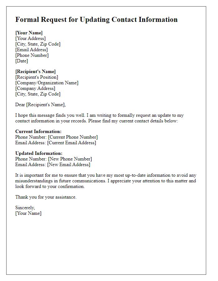 Letter template of formal request for updating contact information