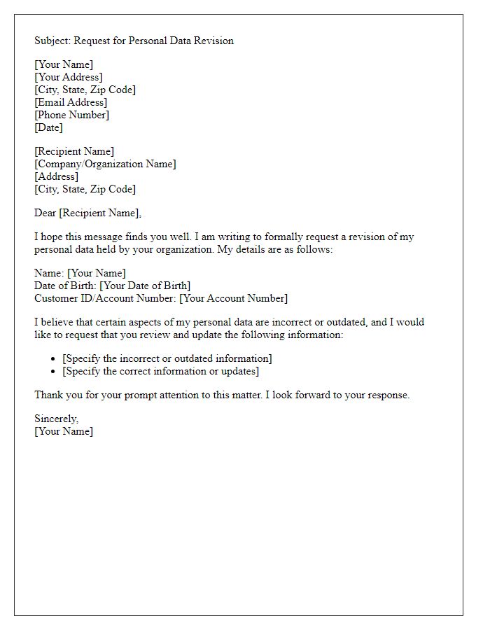 Letter template of inquiry for personal data revision