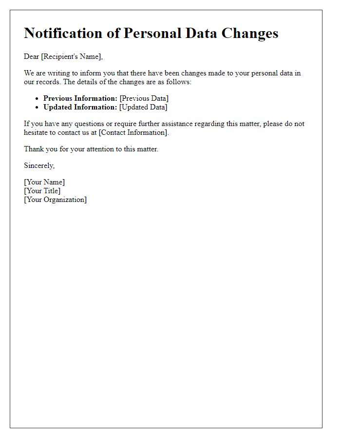 Letter template of notification for personal data changes