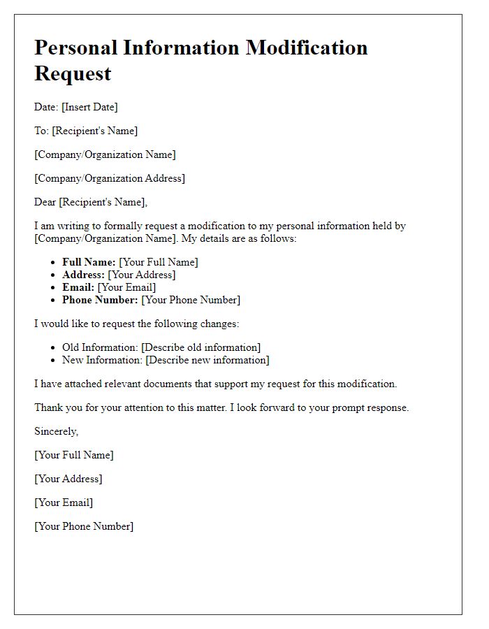 Letter template of personal information modification request