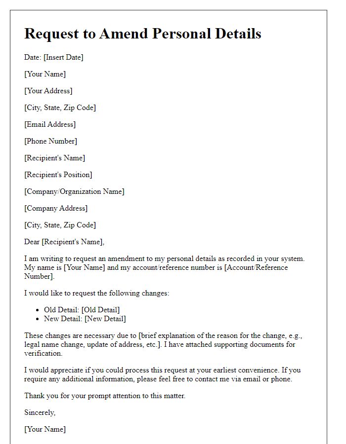 Letter template of request to amend personal details