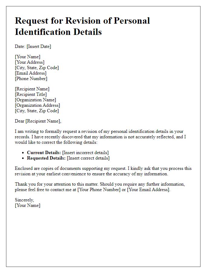 Letter template of request for revision of personal identification details