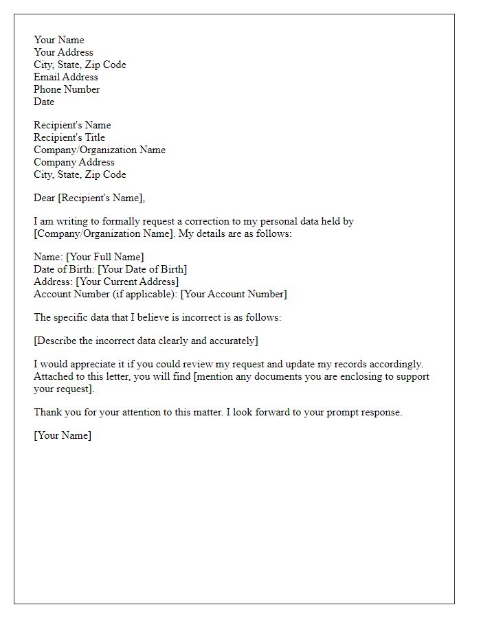 Letter template of submission for personal data correction