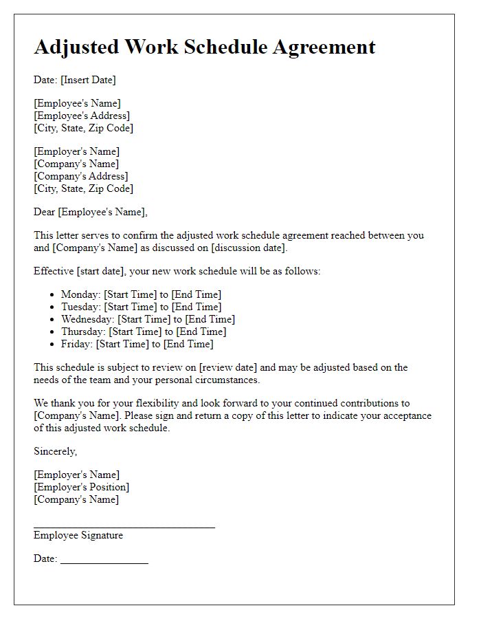 Letter template of Adjusted Work Schedule Agreement