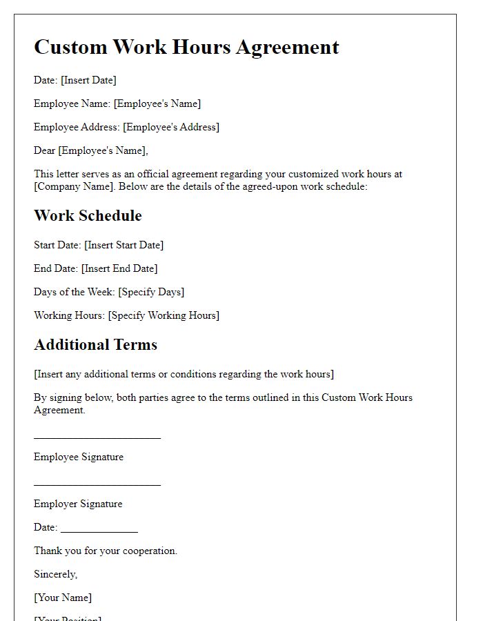 Letter template of Custom Work Hours Agreement