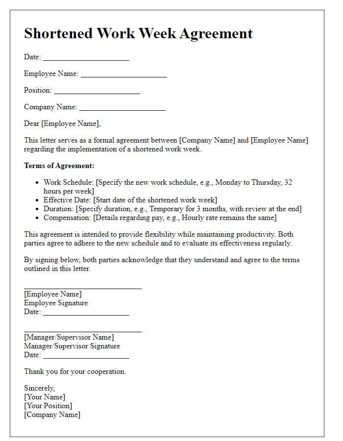 Letter template of Shortened Work Week Agreement