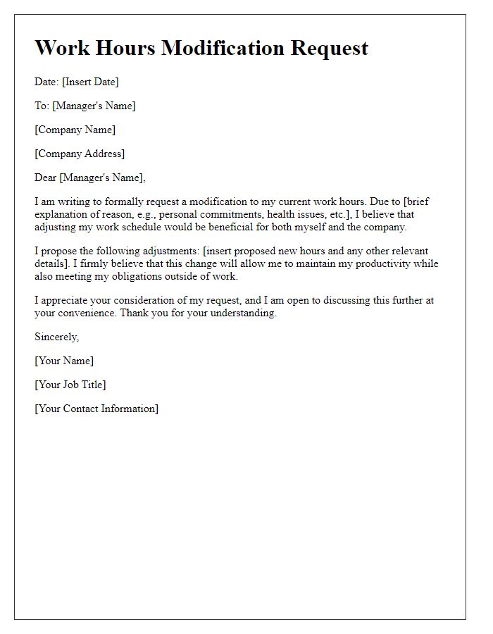 Letter template of Work Hours Modification Request