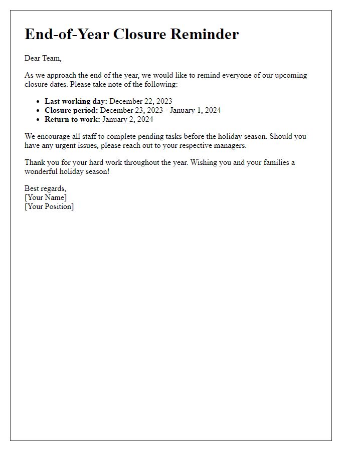 Letter template of end-of-year closure reminders for staff