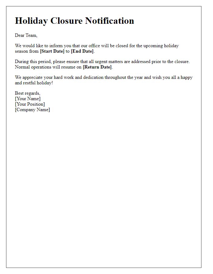 Letter template of holiday closure notification to staff