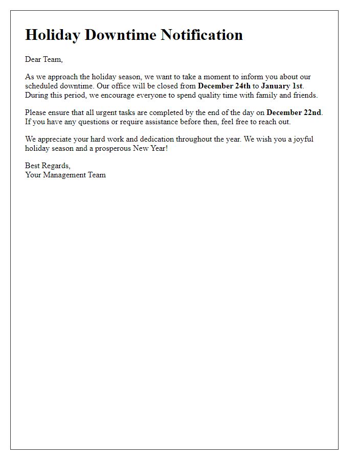 Letter template of holiday downtime message to associates