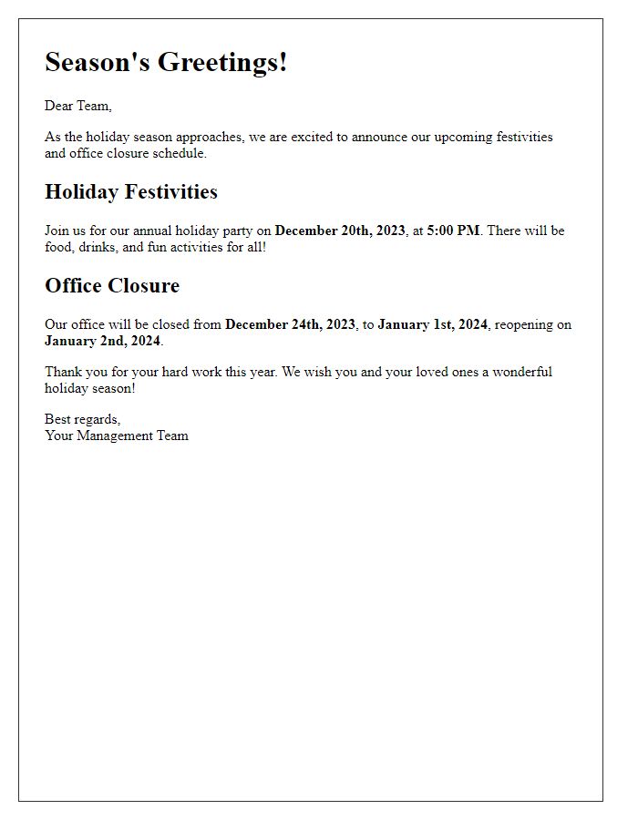 Letter template of holiday festivities and office closure notice