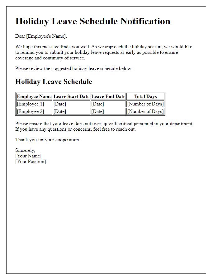 Letter template of holiday leave schedule for workforce