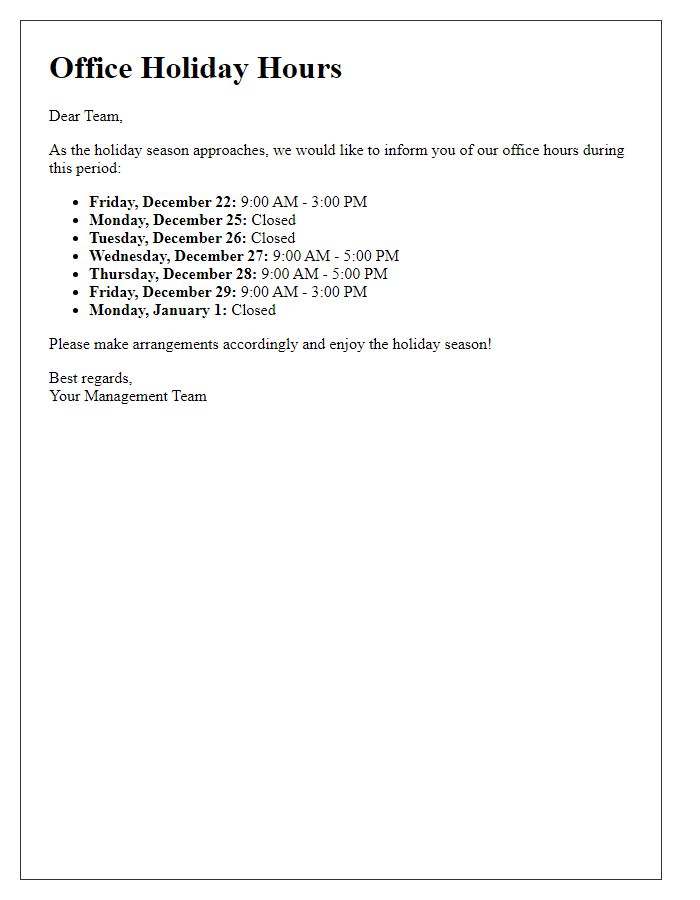 Letter template of office holiday hours for employees