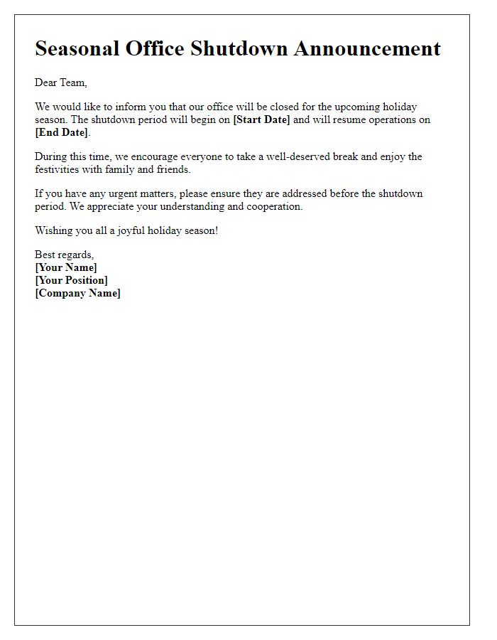 Letter template of seasonal office shutdown announcement