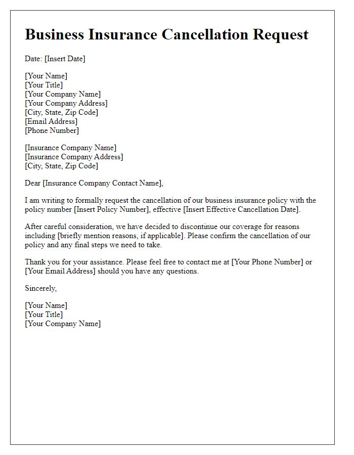 Letter template of business insurance cancellation request