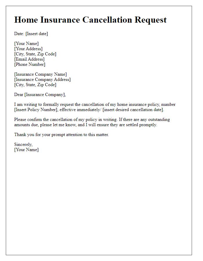 Letter template of home insurance cancellation request