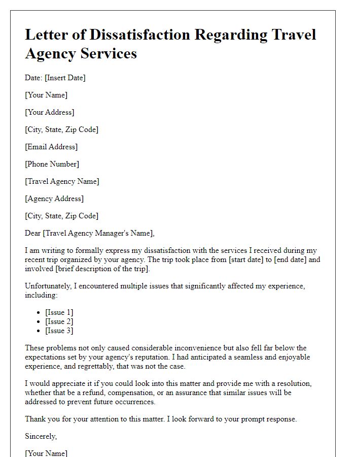 Letter template of dissatisfaction regarding travel agency services.