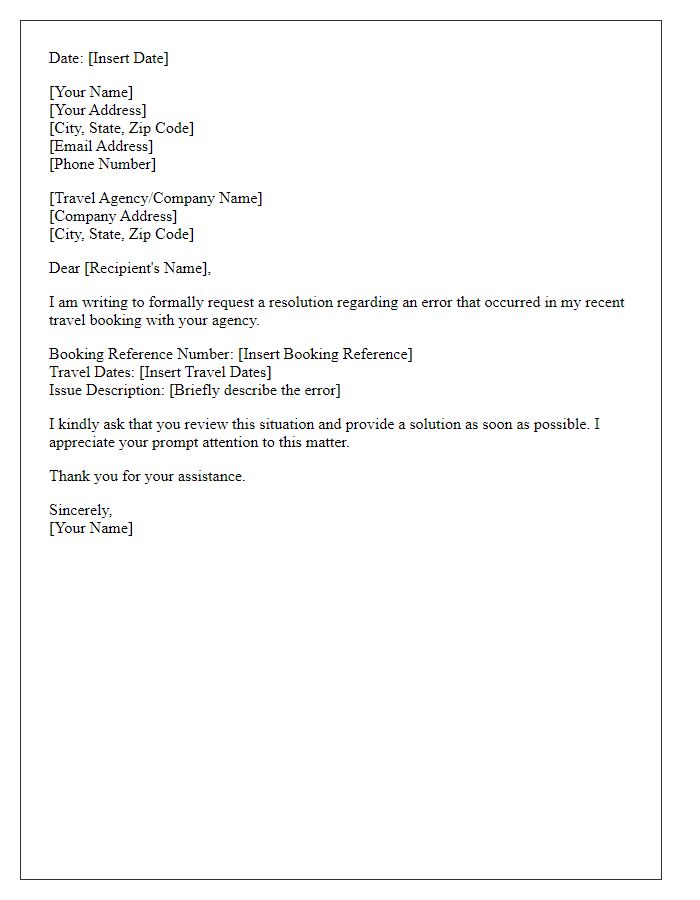 Letter template of request for resolution on travel booking errors.