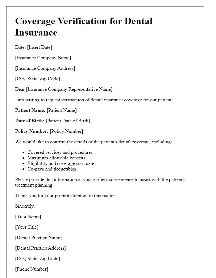 Letter template of coverage verification for dental insurance coverage