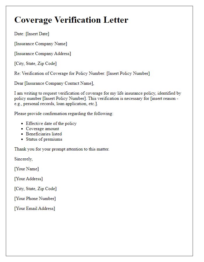 Letter template of coverage verification for life insurance policy