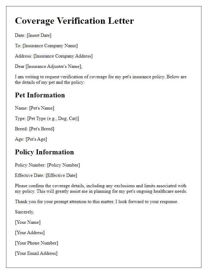 Letter template of coverage verification for pet insurance