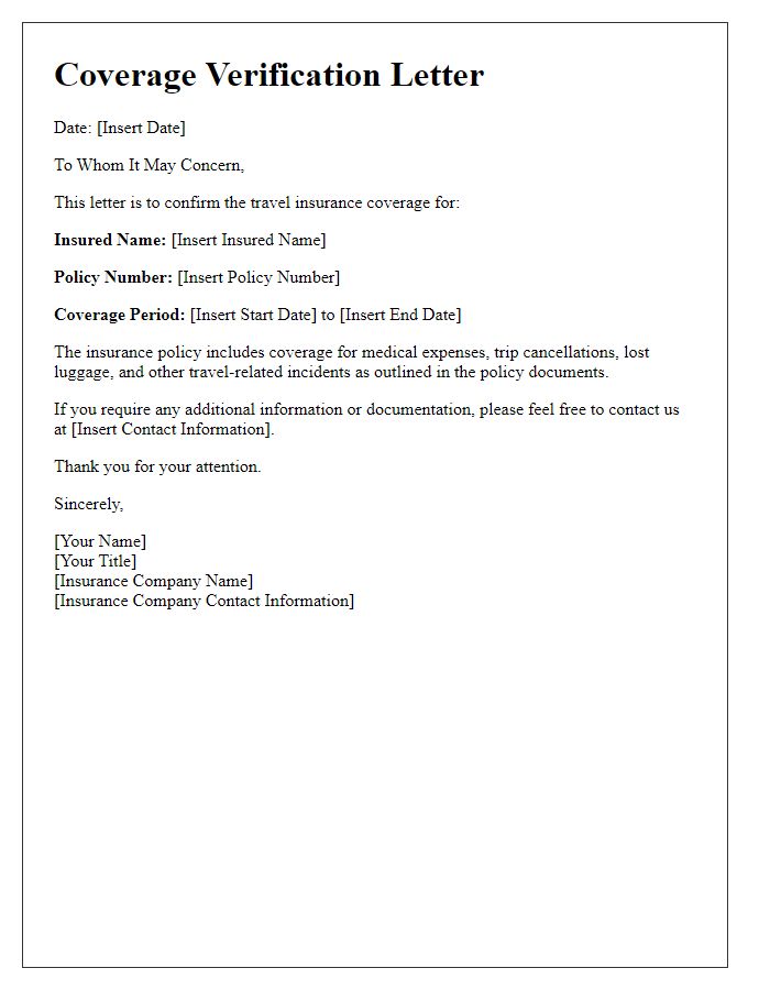 Letter template of coverage verification for travel insurance