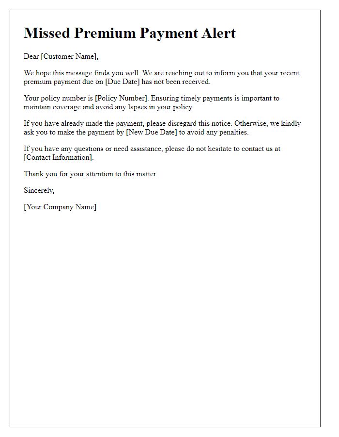 Letter template of missed premium payment alert