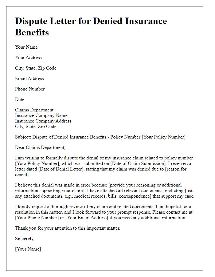 Letter template of dispute letter for denied insurance benefits