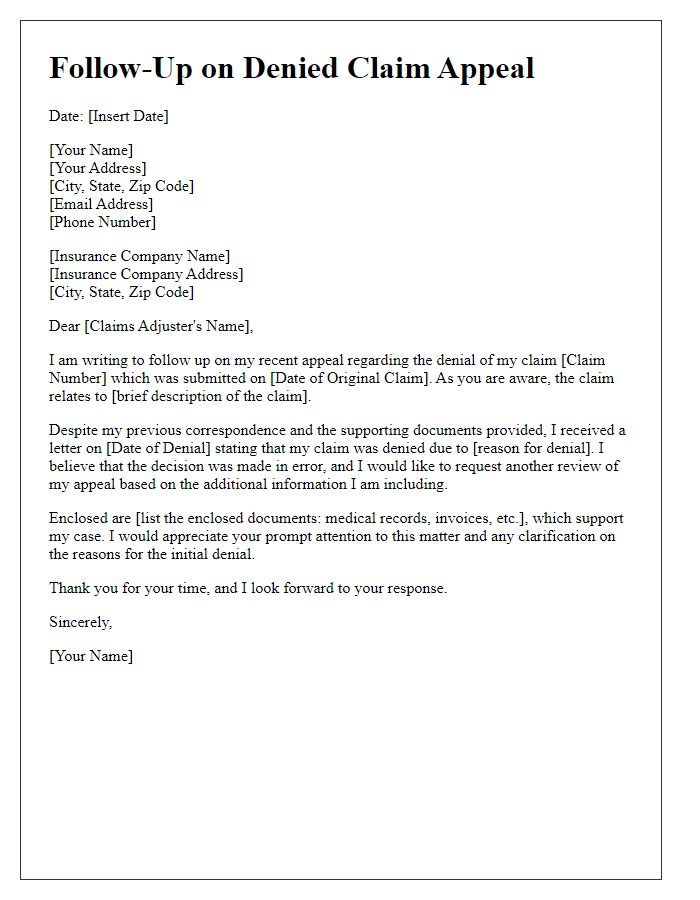 Letter template of follow-up on denied claim appeal