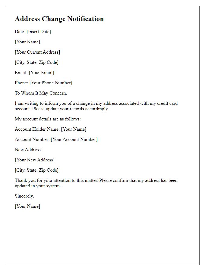 Letter template of address change notification for credit card companies