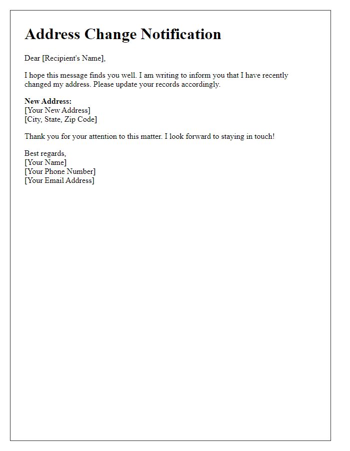 Letter template of address change notification for personal contacts