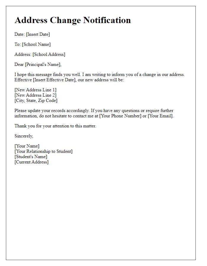 Letter template of address change notification for schools