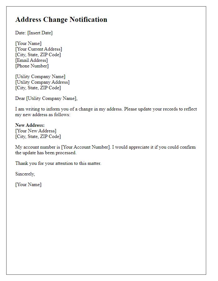 Letter template of address change notification for utility companies