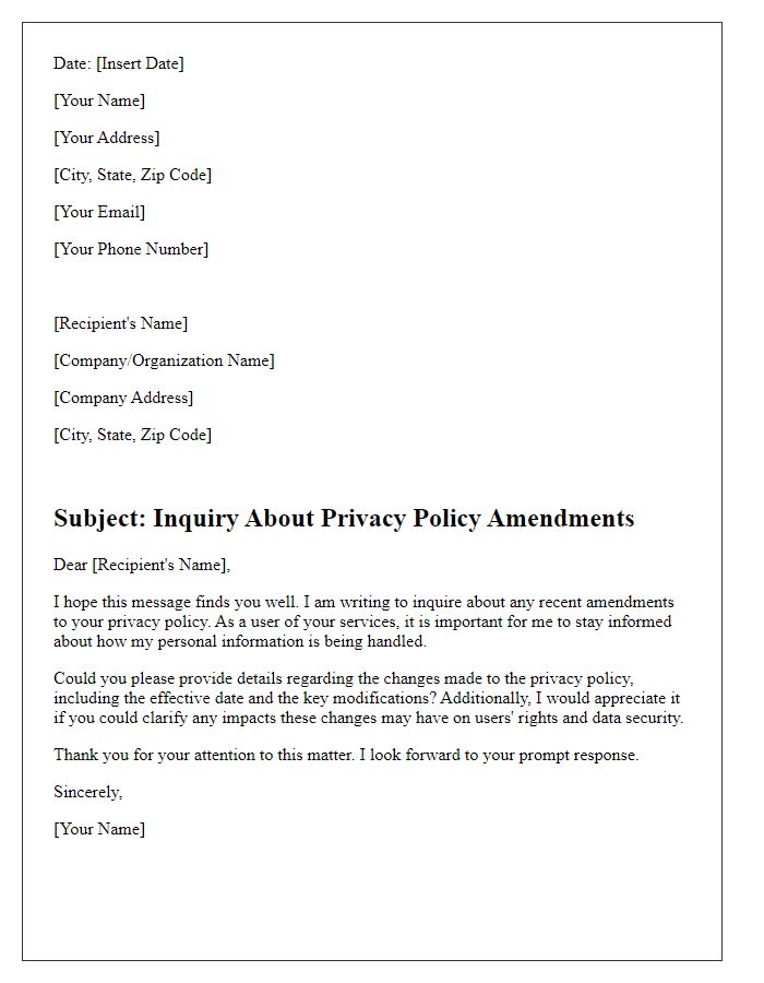 Letter template of inquiry about privacy policy amendments