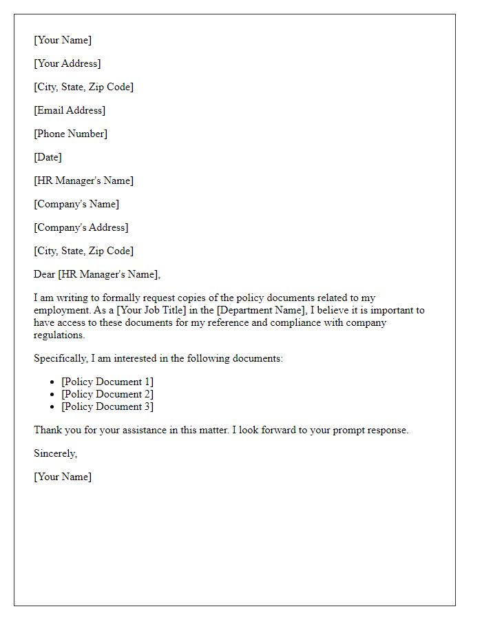 Letter template of request for policy documents from HR department