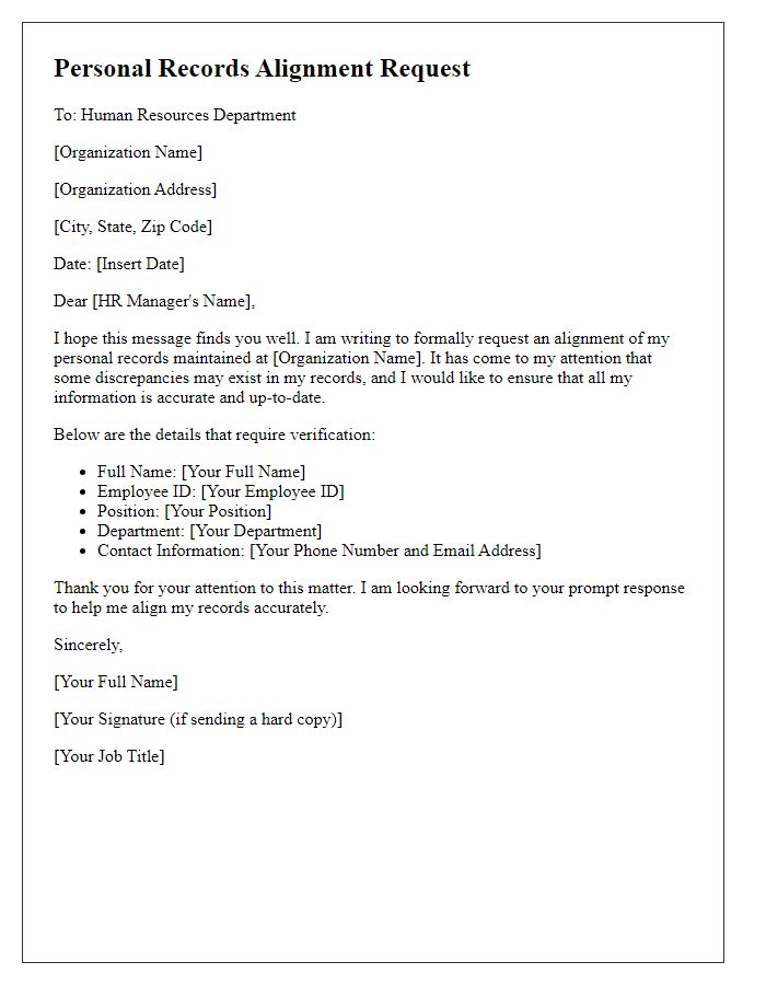 Letter template of aligning personal records at [Organization Name]