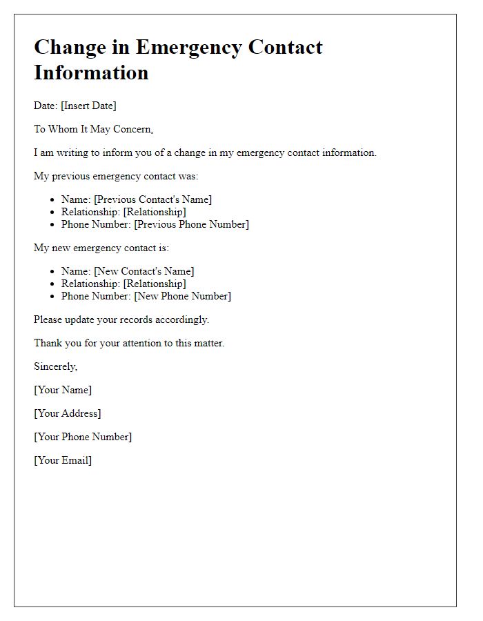 Letter template of change in emergency contact information