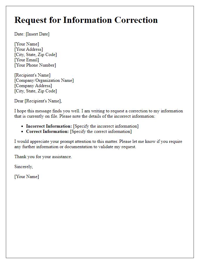 Letter template of request for information correction