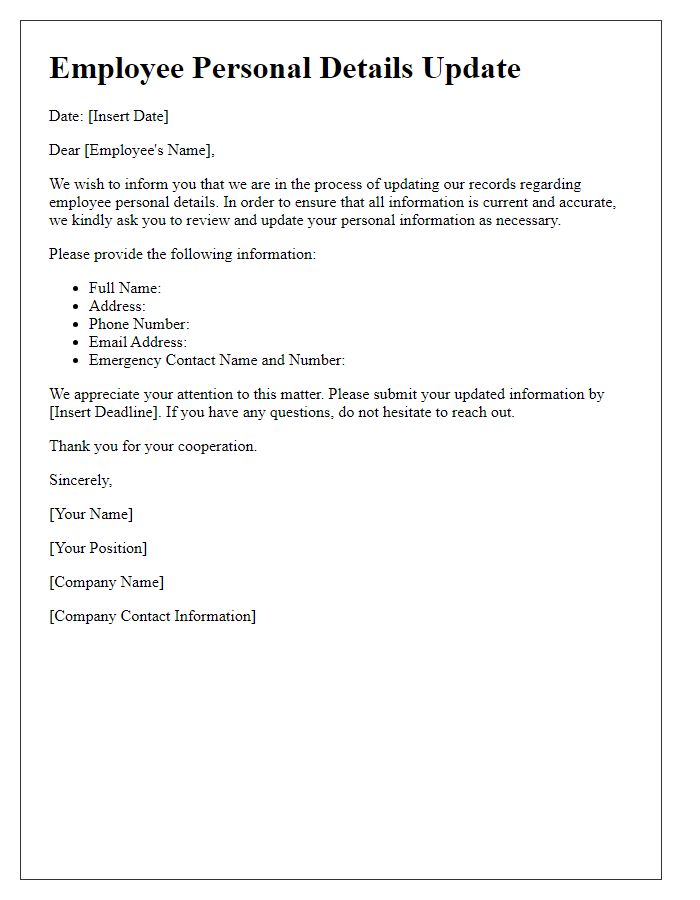 Letter template of updating employee personal details