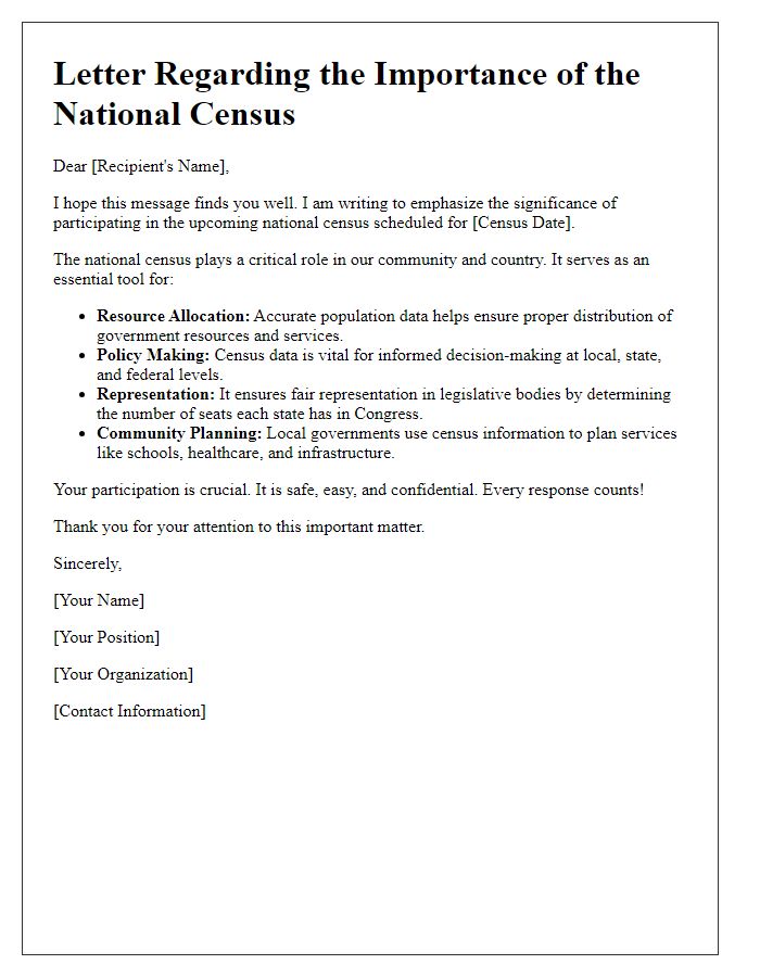 Letter template of information on national census importance